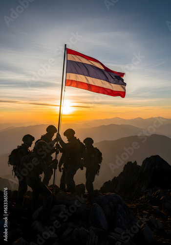 Thailand Military Troops raise flag: A silhouette of valiant soldiers stands united on a mountaintop, hoisting the vibrant Thai flag high against a breathtaking sunset backdrop.