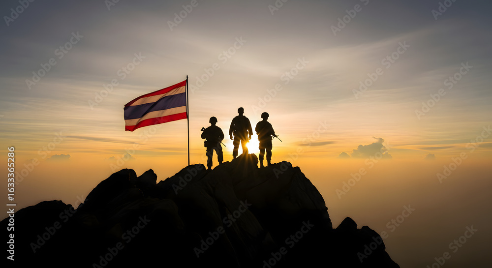 Fototapeta premium Silhouette of Soldiers and Flag at Sunrise: Courageous soldiers stand atop a mountain, the silhouette of their forms against a breathtaking sunrise and a fluttering flag