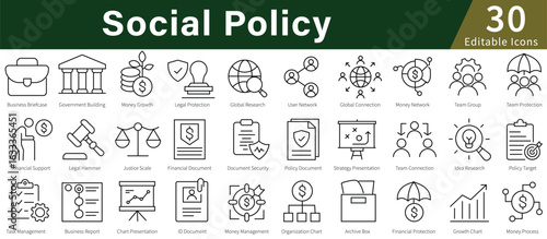 Social Policy Line Icons Set with Editable Stroke for Government, Public, Community, and Welfare Programs