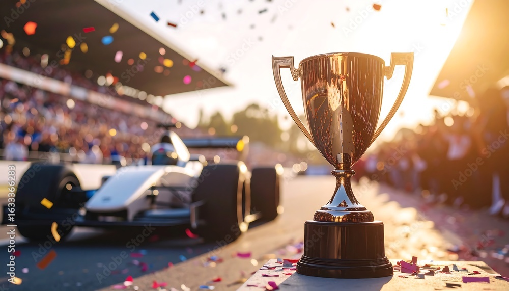 Obraz premium Champion's Gold Trophy on a Formula Racing Track