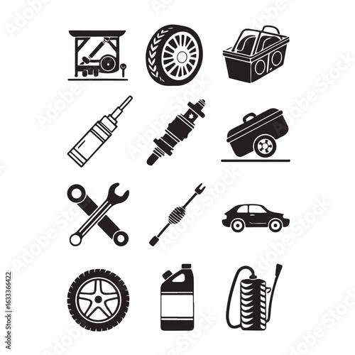 Collection of hand drawn automotive repair tools and car parts in a vintage sketch style