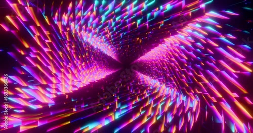 Futuristic glowing neon rays background. Shining pink planes rotate in perspective. Bright retro digital cyberspace. 4K 3D rendering loop animation.