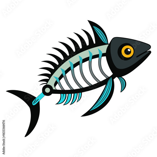 Stylized black and white fish skeleton with sharp fins and open mouth