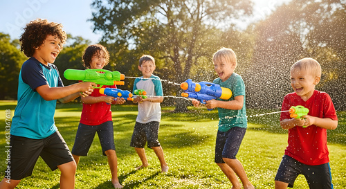 Water Gun Warfare: A spirited group of children engage in a playful water gun fight on a sunny day, fostering laughter and camaraderie amidst the refreshing spray.