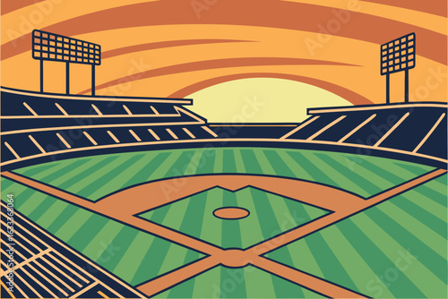 Baseball stadium with green field and orange sky at sunset vector