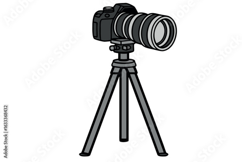 Black digital camera with large lens mounted on a grey tripod photography equipment