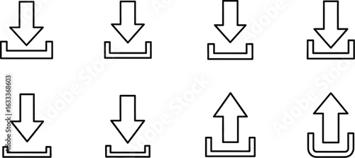 Vector art of download and upload arrow icons set for web and application interface design, featuring simple and minimal style, perfect for digital file transfer and navigation