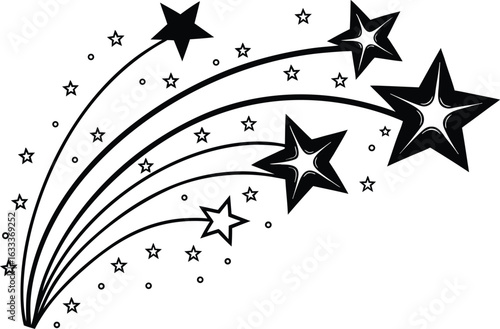 Black and White Shooting Stars Design with Trails and Little Stars for Celebration and Festive Designs