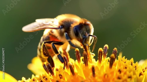 Close-up of a bee collecting nectar from a sunflower, sunlight casting golden highlights on the scene