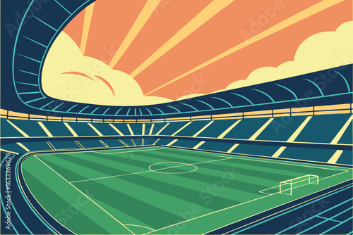 Empty soccer stadium with green field and blue stands against a sunburst sky vector