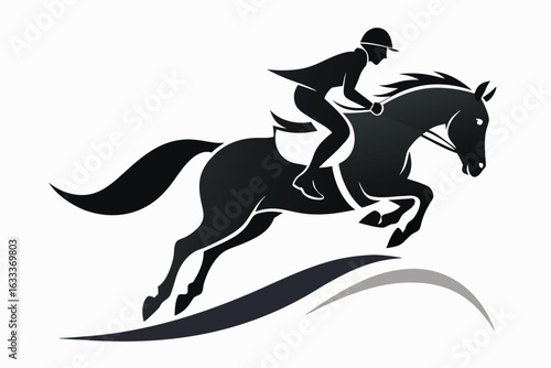 Black and White Horse and Rider Jumping Illustration Equestrian Sport Artistic Design