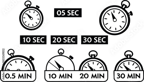 Black and white timer icon set for design elements showing different time intervals and durations for timing activities and speed