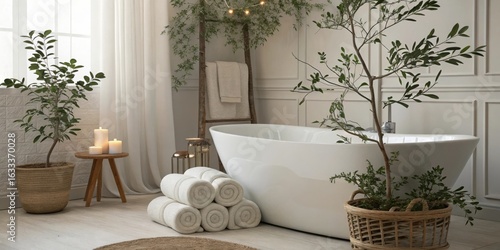 Minimalist bathroom with bathtub and eucalyptus, serene spa scene, soft light photo