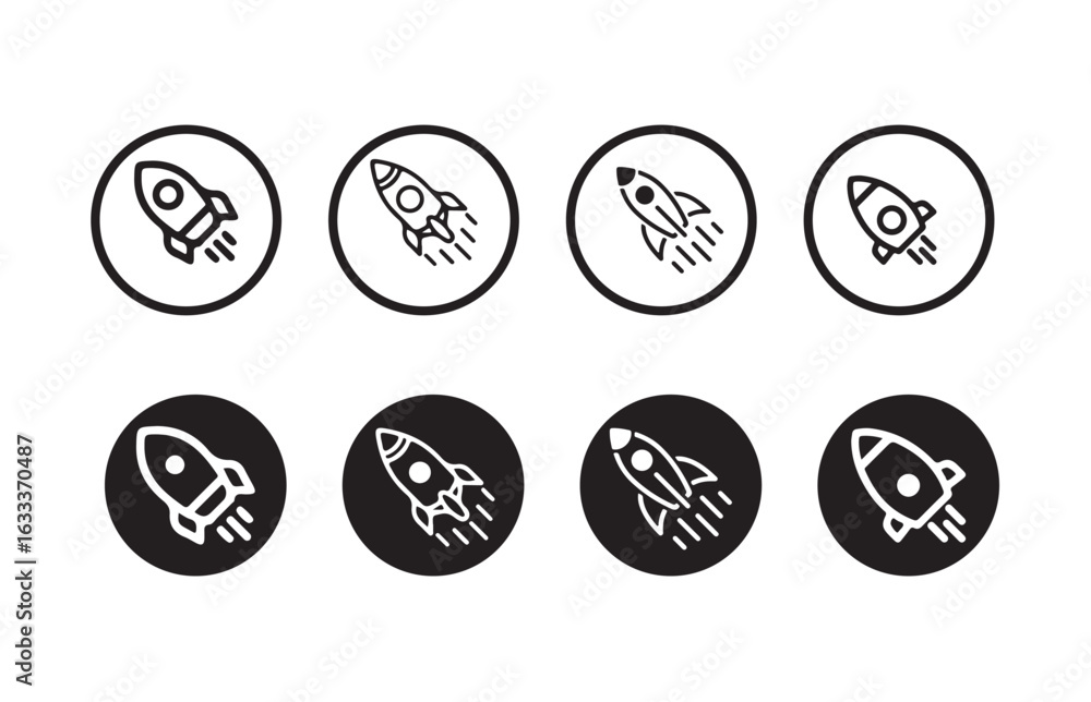 Naklejka premium Set of rocket vector icons. Launch spaceship, silhouette of a rocket launching icon, vector illustration eps 10.