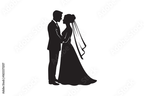 Bride and groom couple icon silhouette vector art illustration on white background