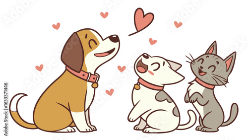 Cute cartoon dog cat puppy love friendship animal illustration design vector graphic for kids and children