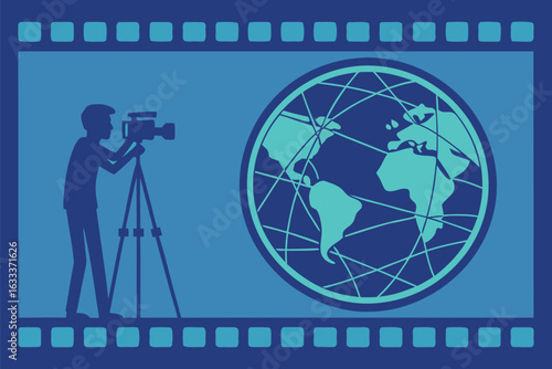 Silhouette of a person filming a stylized globe with a film strip border camera tripod