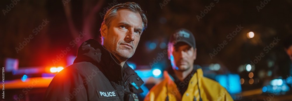 Obraz premium An illustration of a police officer and criminologist standing side by side at a crime scene while conducting a home investigation