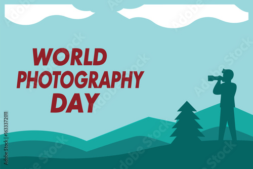Silhouette of a photographer with camera in a stylized landscape with text World Photography Day vector