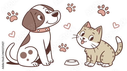 Cute cartoon dog and cat illustration with paw prints hearts and food bowl for pet lovers and animal lovers