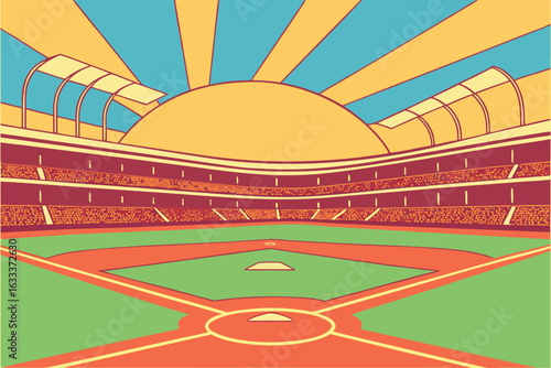 Stylized baseball stadium with sunburst sky and green field sport