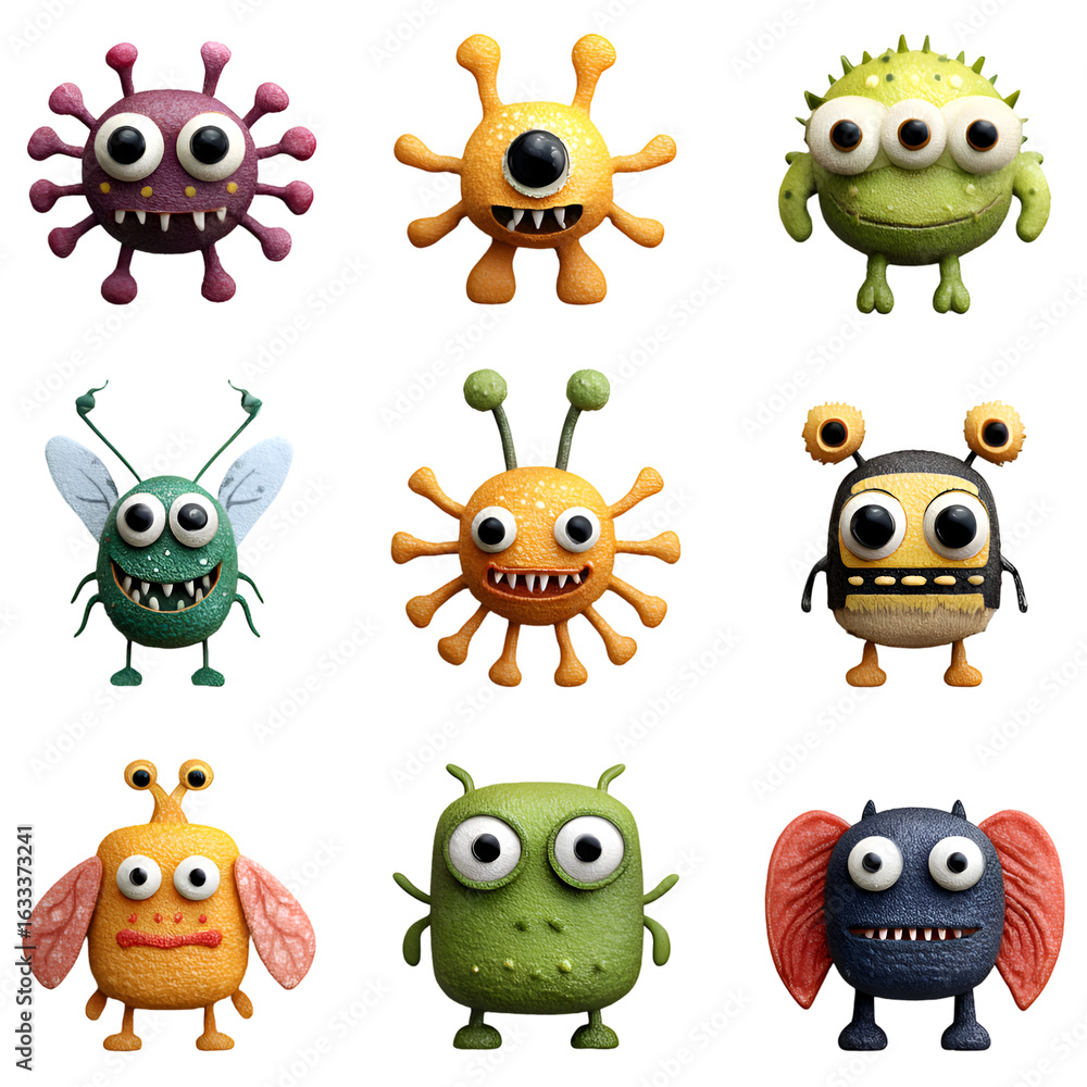 Obraz premium Colorful Monster and Microbe Icons Featuring Stylized Creatures, Viruses, and Molecular Structures in Grid Layout for Educational, Gaming, and Scientific Design Projects.