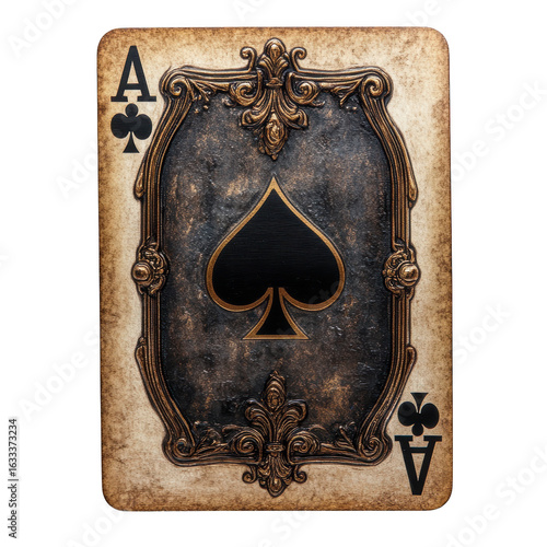 Antique steampunk ace of spades playing card with ornate metal embellishments and aged paper texture isolated on transparent background