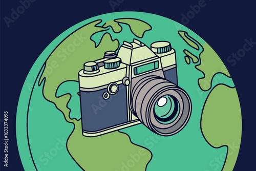 Vintage camera on abstract green blue earth globe dark background world