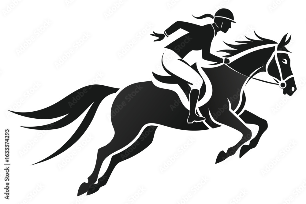 Obraz premium Black Silhouette of Horse and Rider Jumping Illustration on White Background for Equestrian Themes