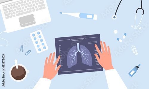 Fluorography concept. Doctor hands holding X Ray scanning. Health lungs check up. Top view doctor workplace with lists, pills and stethoscope. Vector illustration in flat cartoon style.