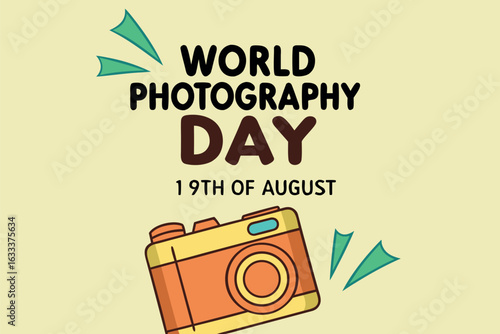 World Photography Day August 19th celebration with cartoon camera and green accents vector