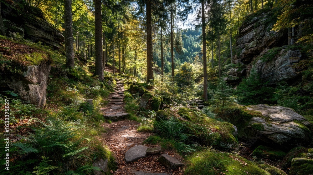 Forest path winding through rocks and trees. Sunlight filters through canopy Forest path winding through rocks and trees. Sunlight filters through canopy