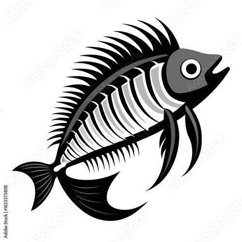 Stylized black and white fish skeleton with sharp fins and open mouth