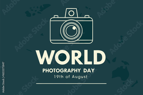 World Photography Day August 19th with vintage camera graphic and world map silhouette vector