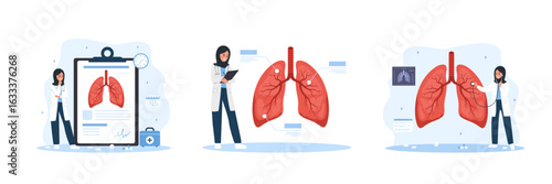 Pulmonologist concept. Arab Female doctor examination Respiratory system disease. Set of Vector illustrations in flat cartoon style.