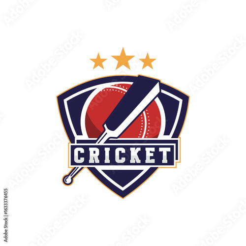 Badge emblem Cricket logo, cricket team, cricket club logo design with crossed sticks and ball vector on dark background
