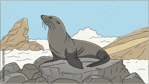 Sea lion resting on rocks illustration wildlife animal marine mammal antarctic ocean aquatic seal drawing