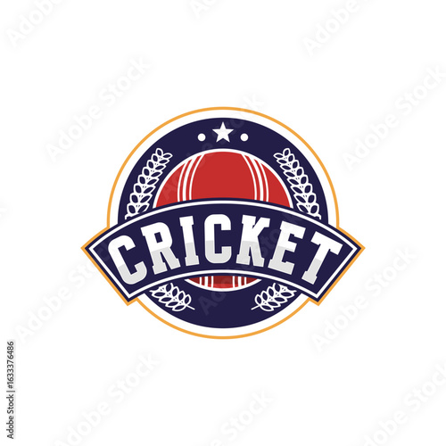 Badge emblem Cricket logo, cricket team, cricket club logo design with crossed sticks and ball vector on dark background