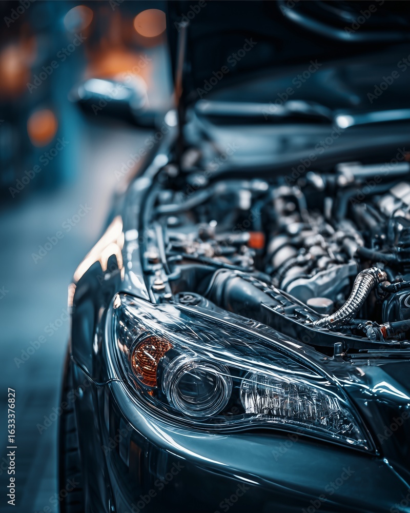 Fototapeta premium Automobile engine: A powerful automotive engine gleams under the light. The image focuses on mechanical engineering. the automotive industry is one that provides people with new experiences. 