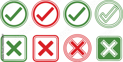 Check Marks and Cross Symbols in Red and Green Colors for Positive and Negative Confirmation Concepts