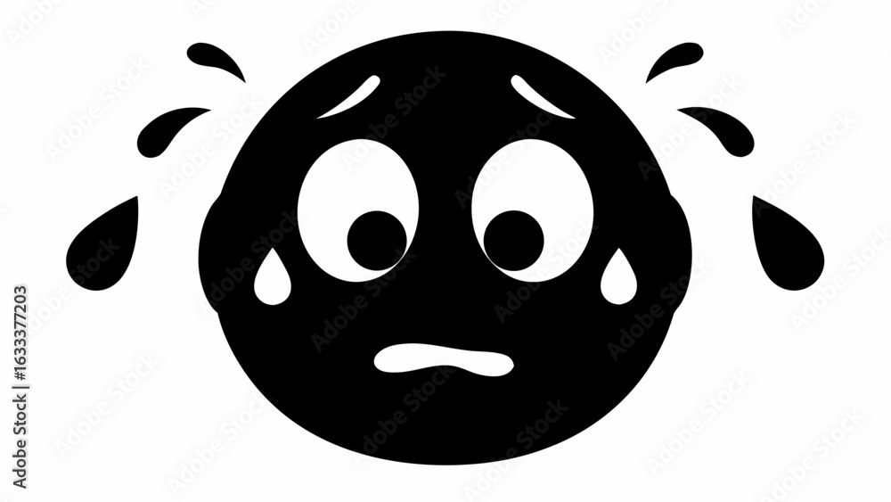 Fototapeta premium A black and white illustration of a crying face with tears falling from its eyes and an unhappy expression