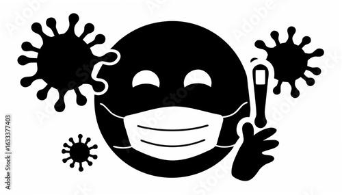 Illustration of a masked smiley face surrounded by virus icons and holding a thermometer in its hand