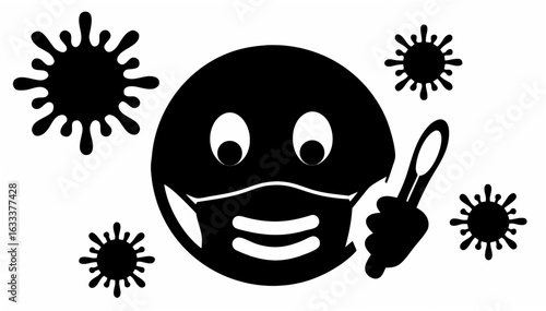 Black and white illustration of a masked face surrounded by virus like shapes holding a swab stick