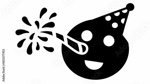 Black silhouette of a smiling face with a party hat and a party popper on a white background