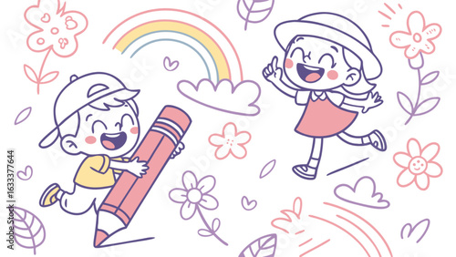 Children drawing and playing cute illustration with boy girl rainbow flowers and pencil for kids art