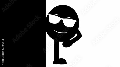 Cartoon character with sunglasses leaning against a black wall on a white background area
