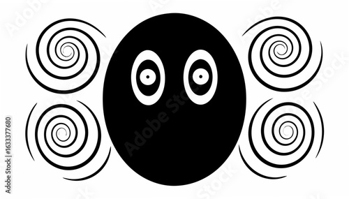 A black circle with two eyes surrounded by four spirals in a symmetrical black and white design
