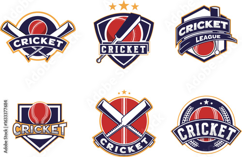 Set of Badge emblem Cricket logo, cricket team, cricket club logo design with crossed sticks and ball vector on dark background