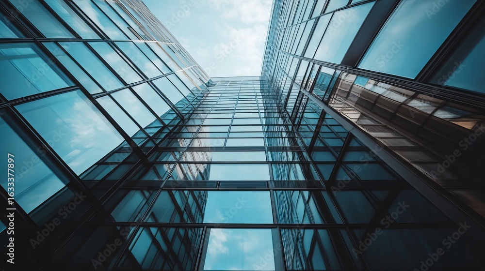 Low-angle view of modern glass skyscrapers reaching up to a partly cloudy sky