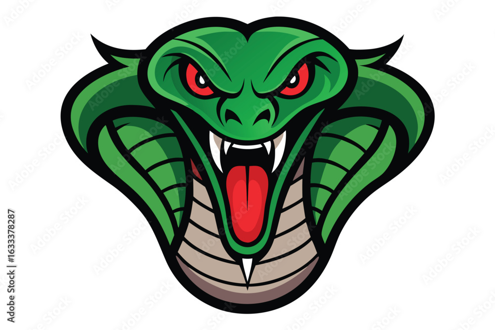 Obraz premium Cartoon Green Cobra Snake Head with Red Eyes, Fangs, and Tongue Isolated on White